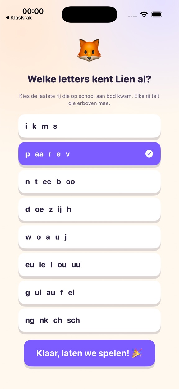Scherm waarin je aanduidt welke letters je kind al kent, per rij