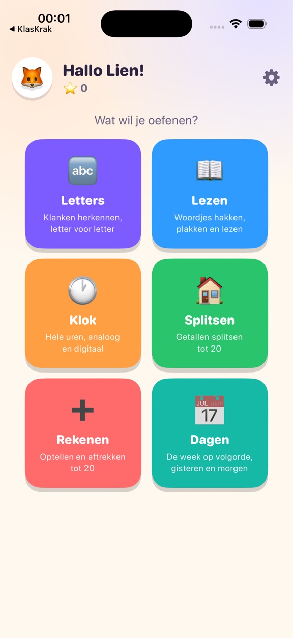 Het hoofdmenu met zes gekleurde blokken: Letters, Lezen, Klok, Splitsen, Rekenen en Dagen