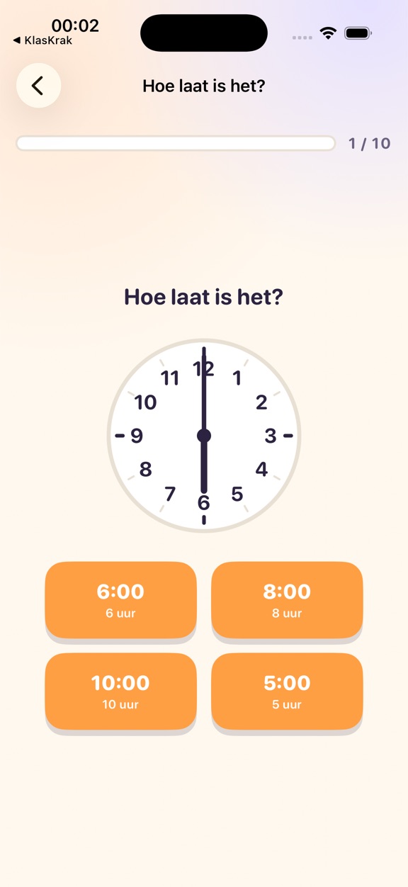 Een analoge klok op zes uur met vier antwoorden